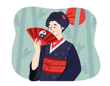 Geisha in forest with fan concept. Beautiful young girl in traditional Ashiya costume on background of bamboo. Culture and traditions of Japan, ethnicity. Cartoon flat vector illustration