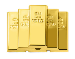 Many shiny gold bars isolated on white, top view