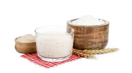 Fresh leaven, flour and ears of wheat isolated on white