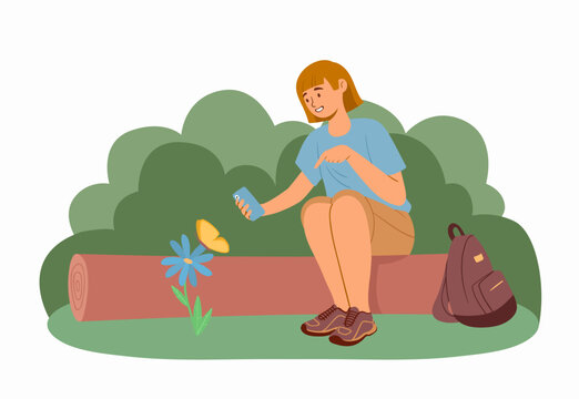Woman with butterfly outdoor concept. Young girl with smartphone in her hands photographs flower with insect. Flora and fauna. Biology and botany, wild life. Cartoon flat vector illustration