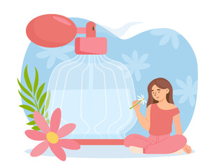 Woman with flower perfume concept. Young girl sits with flower near glass bottle of natural and organic cosmetics. Fragrance and aroma, elegance and aesthetics. Cartoon flat vector illustration