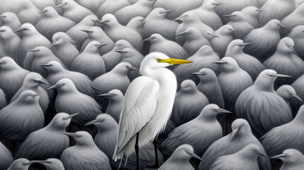 Fototapeta premium A flock of birds gathered in a rural landscape. Generative ai