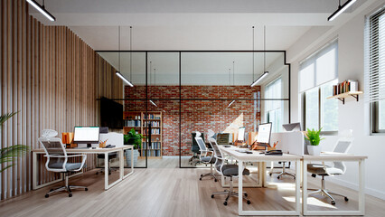 Small office interior with white and red brick walls, 3d rendering