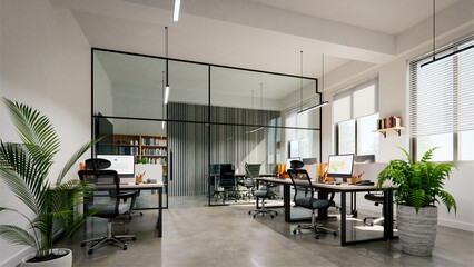Modern small office interior with white walls and concrete floors, 3d rendering - obrazy, fototapety, plakaty
