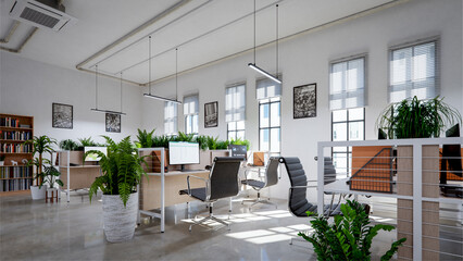 Modern office interior with exposed concrete floors and white walls, 3d rendering