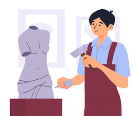 Fototapeta premium Man make sculpture concept. Young guy with equipment in studio, character at workplace. Art object for gallery or museum, exhibition. Creativity and art. Cartoon flat vector illustration