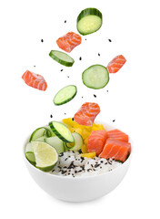Poke recipe. Different ingredients falling into bowl on white background