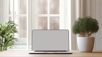 Mockup laptop with a blank screen, white background, and natural light. Generative AI