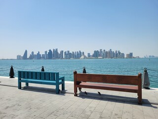 Benches on Shoreline and Doha Skyline - Doha, Qatar