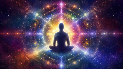 Universe cosmos with person meditation chakras prana. Generative ai