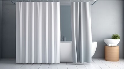 Mockup of a white shower curtain that is closed and half-turned. Interior mock-up of a bathroom with an empty liner shade. For a bath d�cor template, a clear waterproof polyester cover Generative AI