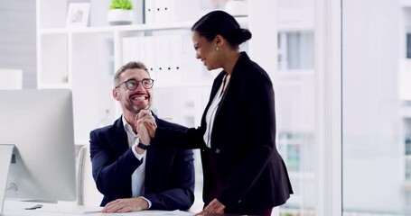 Teamwork, success or business people high five for support or celebration of sales goals or target in office. Winners, motivation or happy employees celebrating deal or achievements in workplace