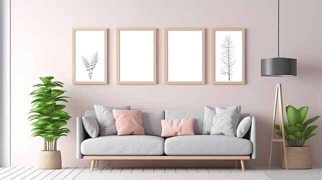 mock-up of empty poster frames in a contemporary living room with a scandinavian design, Generative AI
