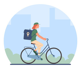 Courier on bicycle outdoor concept. Man with green backpack rides bike. Online shopping and home delivery. Transportation and logistics, electronic commerce. Cartoon flat vector illustration