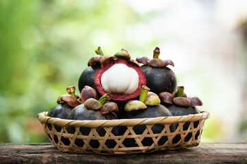 Mangosteen or Garcinia mangostana fruit on nature background.