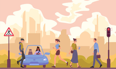 People walking at crosswalk concept. Men and women walk along pedestrian crossing to traffic light. Urban infrastructure, people at road, crowd. Cartoon flat vector illustration