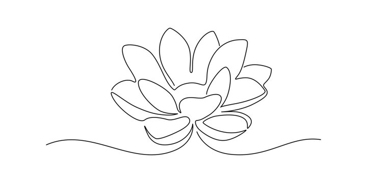 Flower lotus in one continuous line drawing. Logo yoga studio and wellbeing spa salon concept in simple linear style. Water lily in editable stroke. Doodle vector illustration