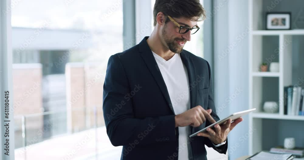 Poster online tablet, typing and professional man check finance, report or review project data, insight or 
