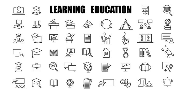 Online Education, thin icon set, black and white kit. Vector illustration. Stock image.