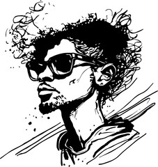 Vector illustration black man with afro hairstyle. Striking portrait, representing cultural identity and diversity. Trendy fashion, confident expression. Stylish beard, fashionable sunglasses. Urban