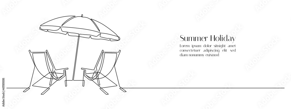Leinwandbilder beach umbrella and two chairs in one continuous line drawing. concept of holiday summer and honeymoo