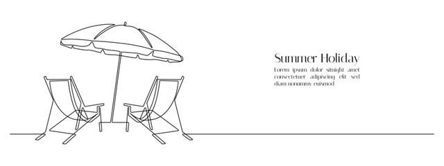 Beach umbrella and two chairs in one continuous line drawing. Concept of holiday summer and honeymoon in the Caribbean paradise in simple linear style. Editable stroke. Doodle vector illustration - obrazy, fototapety, plakaty