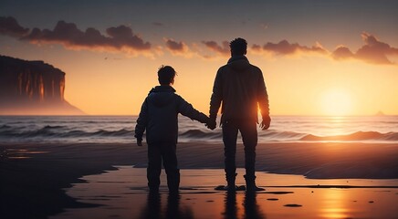silhouette of a man and his son with sunset background walking on beach fathers day concept created with generative ai