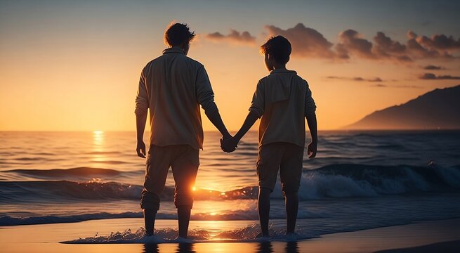 silhouette of father and son holding hands, standing on the beach at sunset. family on vacation calm water, tranquil weather, relax and meditation in evenings. fathers day concept created with generat