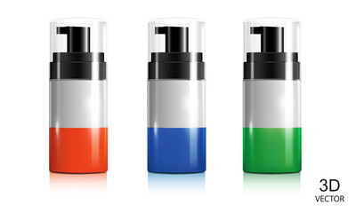 vector illustration realistic glittering cosmetic bottle set isolated on the white background,cosmetic bottles mock-up design element.green,orange and blue color spray bottle include.