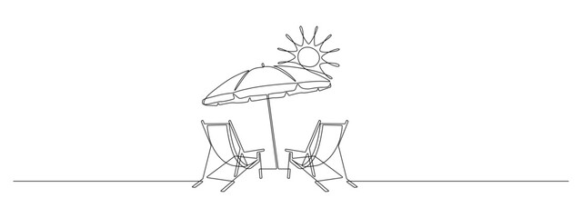 Beach umbrella and two chairs in one continuous line drawing. Concept of holiday summer and honeymoon in the Caribbean paradise in simple linear style. Editable stroke. Doodle vector illustration