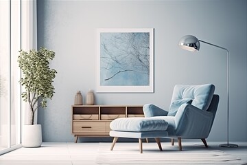 Interior of a white living room with a blue armchair, a vertical poster in a frame, and some drawers. mock-up toned double-exposed image Generative AI