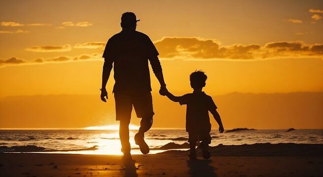 silhouette of a man and his son with sunset background walking on beach fathers day concept created with generative ai