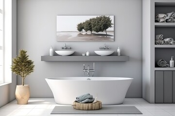 Fototapeta na wymiar Interior of a gray bathroom with a bathtub, two sinks, and a mounted mixer. View from the side. Decorative shelf with items. square canvas frame mockup, Generative AI