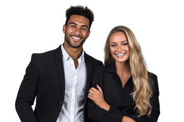 Young multiethnic business couple smiling at camera over transparent backdrop. Generative AI