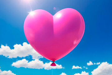 A heart-shaped balloon in the blue sky. Generative AI.