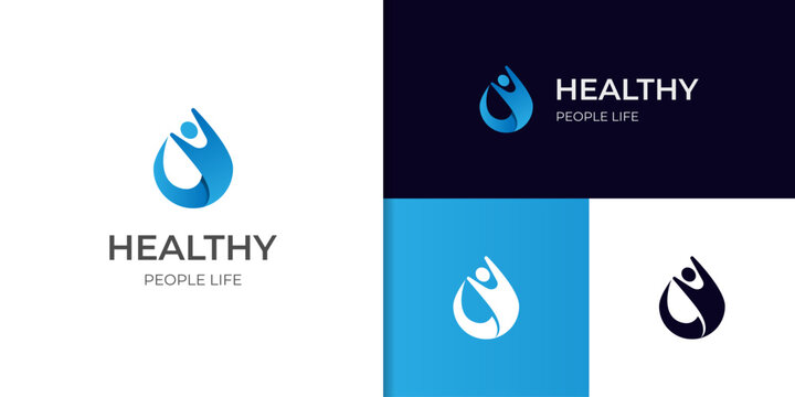 fresh Water Drop with People Abstract Logo icon design, spirit fit health jump logo symbol illustration