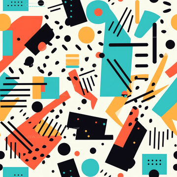 Memphis Design Seamless Retro Background 80s 90s Geometric Pattern with Squares, Circles, Lines, & Squiggles in Yellow, Teal, Black, & Red, Created with Generative AI
