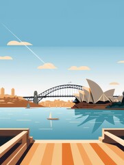 Obraz premium Sydney city skyline. Opera House, Harbour Bridge view. Colourful vintage poster, banner, card. Minimalist retro design. AI digital illustration.