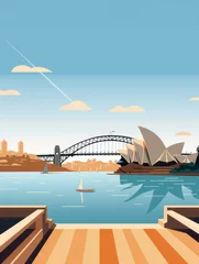 Poster Sydney city skyline. Opera House, Harbour Bridge view. Colourful vintage poster, banner, card. Minimalist retro design. AI digital illustration. © Maroubra Lab