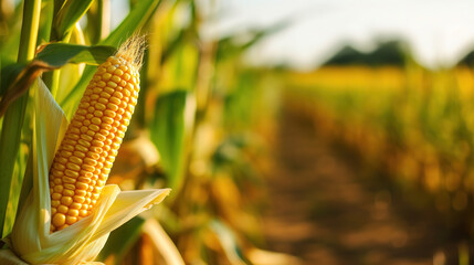 Corn cob in plantation field. Generative Ai