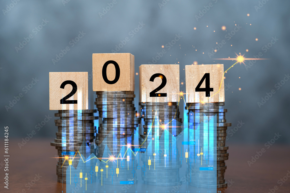 Poster wooden block cube 2024 on coins stacking for setup objective target business cost and budget plannin
