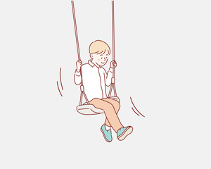  happy boy swinging on a wooden swing. Hand drawn style vector design illustrations.