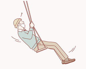  happy senior man swinging on a wooden swing. Hand drawn style vector design illustrations.