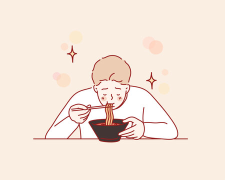 man is eating delicious noodle. Hand drawn style vector design illustrations.