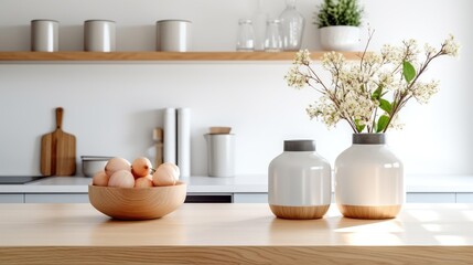 Fototapeta na wymiar White interior design, a wooden table top or shelf with modern vases in a blurred Scandinavian classic kitchen Generative AI