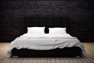 Fototapeta na wymiar Black bed in interior bedroom with white sheets and pillows. timber floor and a wall of white brick. Generative AI