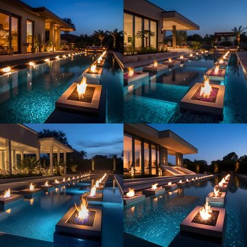Set of beautiful custom swimming pool designs that depict gorgeous custom pools with fire features, outdoor kitchens, outdoor, furniture, patio covers, and other elements of the custom outdoor space. 