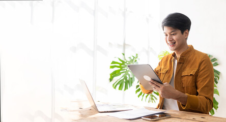 Asian businessman working at desk, business finance technology, financial documents and business...