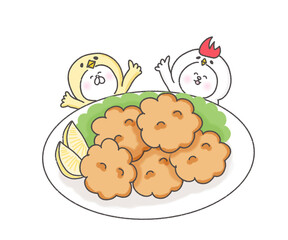 唐揚げと笑顔の鶏とひよこ