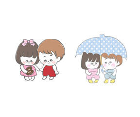 カップル男女のイラスト　傘とバレンタイン